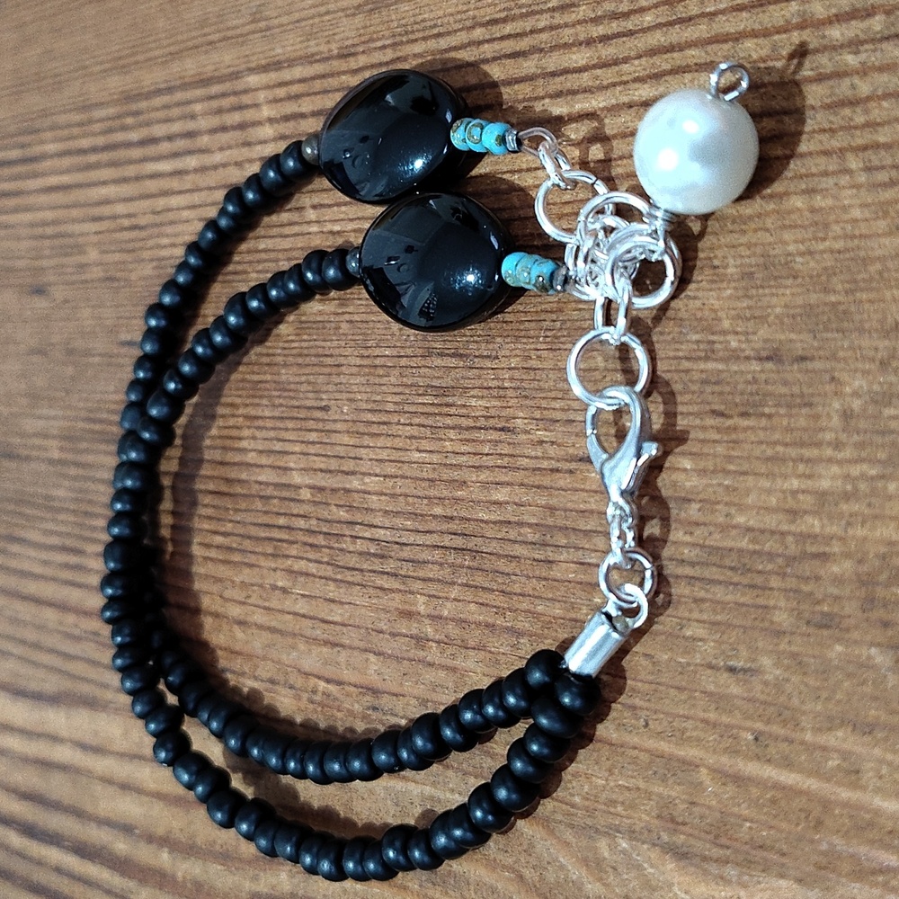 Ladies Double Strand Black Beaded Bracelet, Handmade Ladies Bracelet - Picture 6 of 8